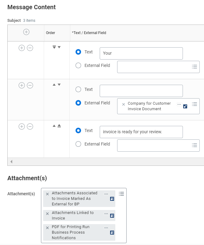 The "Message Content" screen displays the subject line configuration steps and a list of three selected invoice attachments.