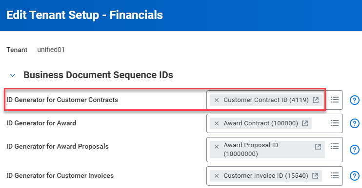 A box highlights the "ID Generator for Customer Contracts" field on the "Edit Tenant Setup - Financials" screen.
