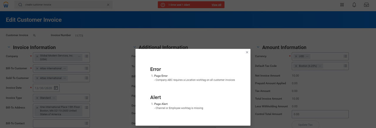 An error and alert pop-up window blocks the "Edit Customer Invoice" screen, citing missing location, channel, or employee worktags.