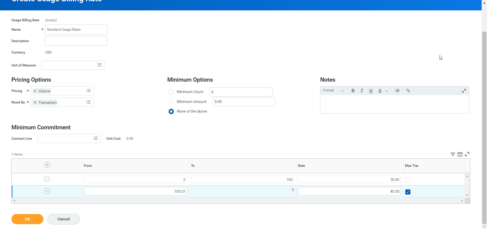The "Create Usage Billing Rate" screen configuration establishes a tiered volume pricing structure named Standard Usage Rates.