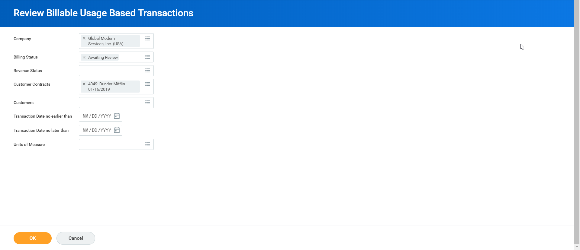 Screenshot of the Review Billable Usage Based Transactions screen displays search filters set to company, an awaiting review billing status, and a specific contract.