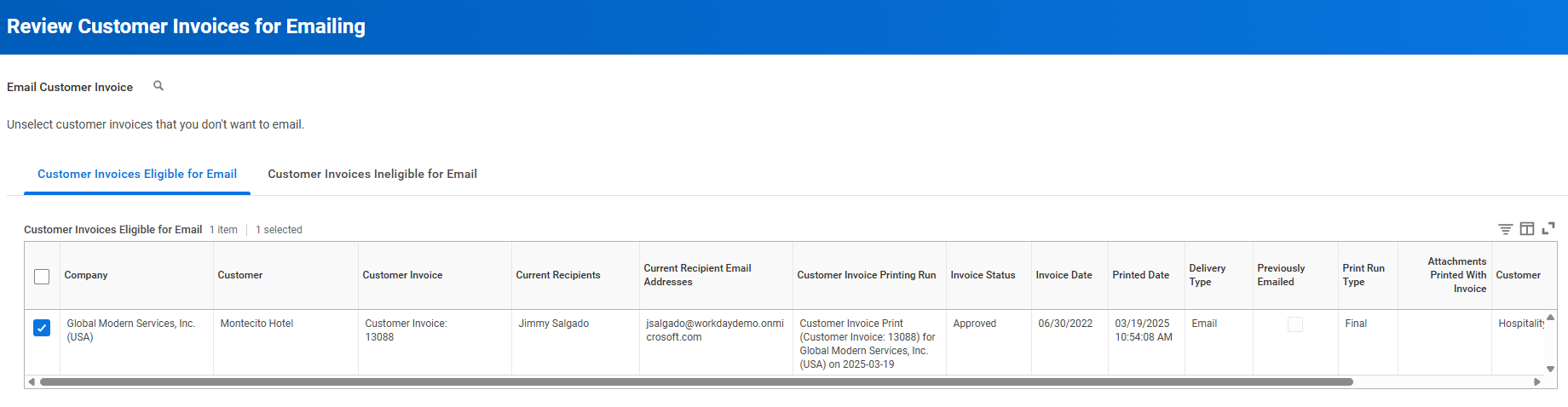 The Review Customer Invoices for Emailing screen shows one selected eligible invoice row for Montecito Hotel in the data table.