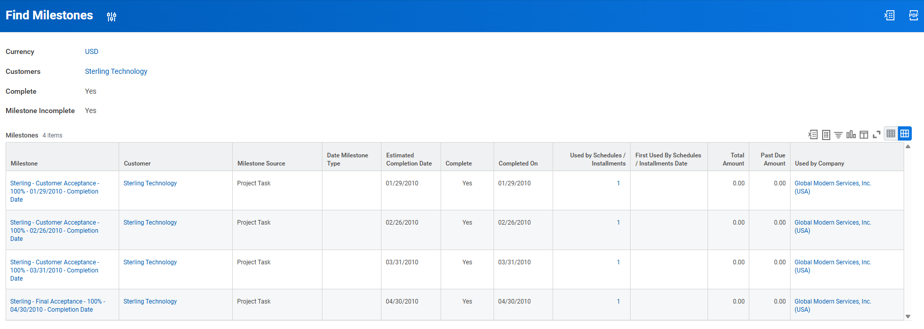 The "Find Milestones" report lists four completed project task milestones for customer Sterling Technology.