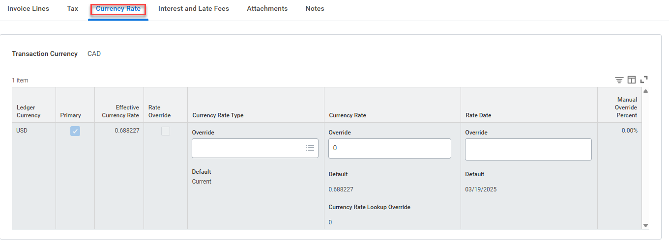 A box highlights the "Currency Rate" tab, displaying the CAD transaction currency conversion table and effective rate inputs.
