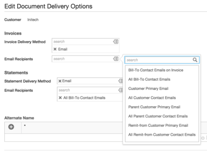 The "Edit Document Delivery Options" screen displays the open Email Recipients drop-down menu for customer Initech.