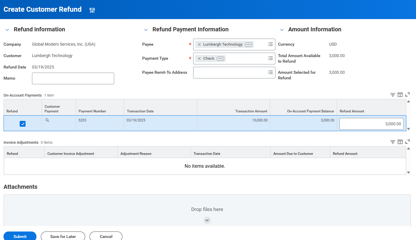 Screenshot of the Create Customer Refund screen shows a selected $3,000 check refund for Lumbergh Technology in the On-Account Payments table.