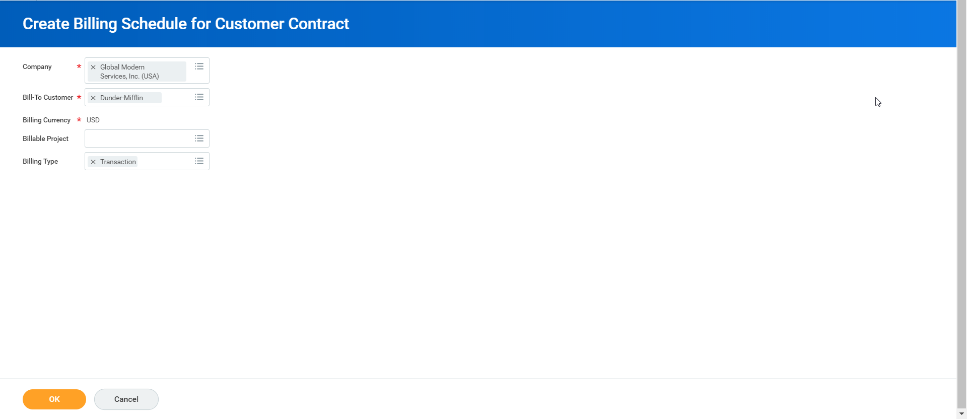 Screenshot of the "Create Billing Schedule for Customer Contract" screen displays filled fields for company, bill-to customer, currency, and transaction type.