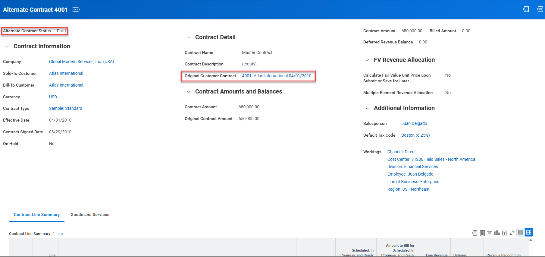 Boxes highlight the Draft status and the original customer contract link on the "Alternate Contract 4001" details page.