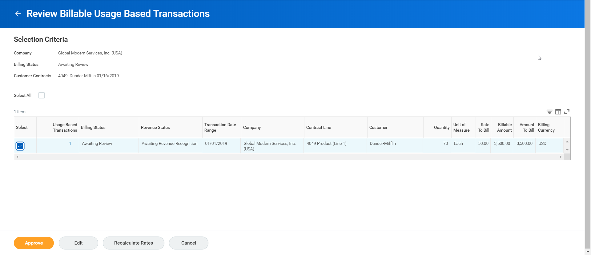 Screenshot of the Review Billable Usage Based Transactions screen displays a selected billable transaction row totaling 3,500 USD with an active "Approve" button.