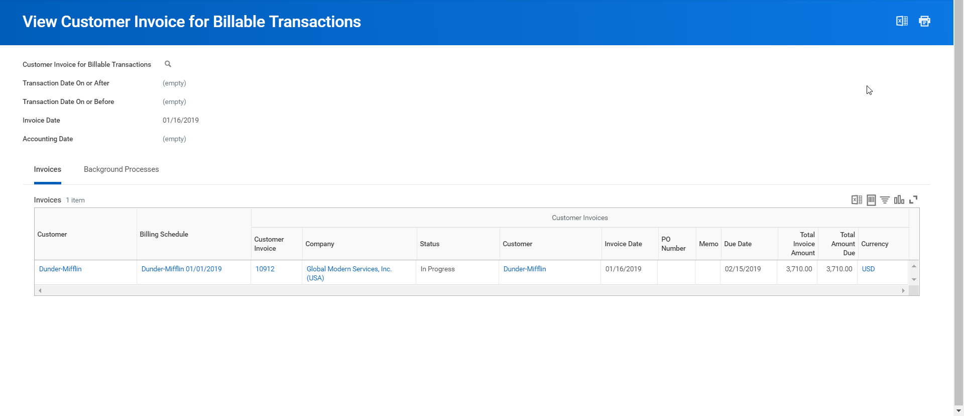 Screenshot of the Invoices tab on the View Customer Invoice for Billable Transactions page.