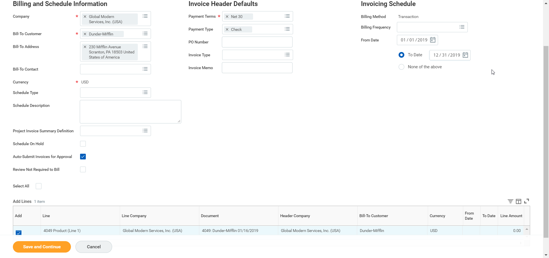 A screenshot displays schedule and invoicing options above a table with a selected product line.