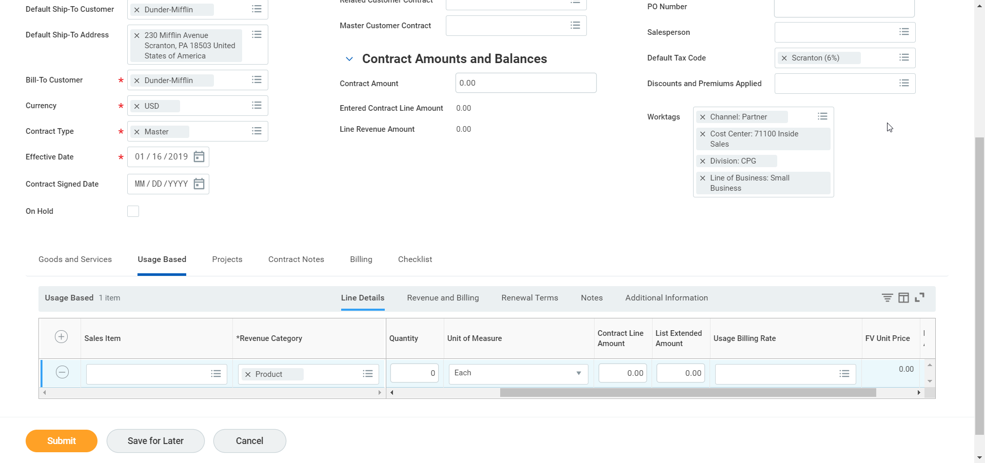 The contract creation screen shows master contract fields and worktags for a customer with an active Usage Based tab.