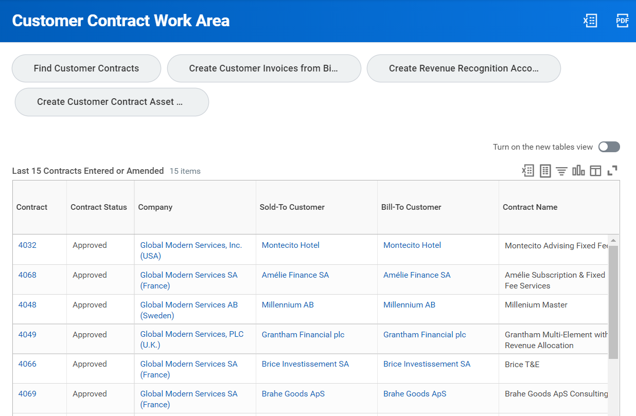 Screenshot of the "Customer Contract Work Area" dashboard displays task buttons above the "Last 15 Contracts Entered or Amended" table.