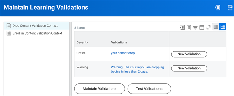 Screenshot of the Maintain Learning Validations report, highlighting the Drop Content Validation Context, as described in the text above.