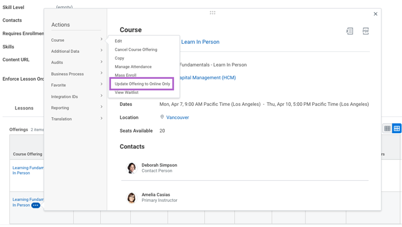 Screenshot highlighting how to navigate to the Update Offering to Online Only task from the course offering's related actions, as described in the text above.