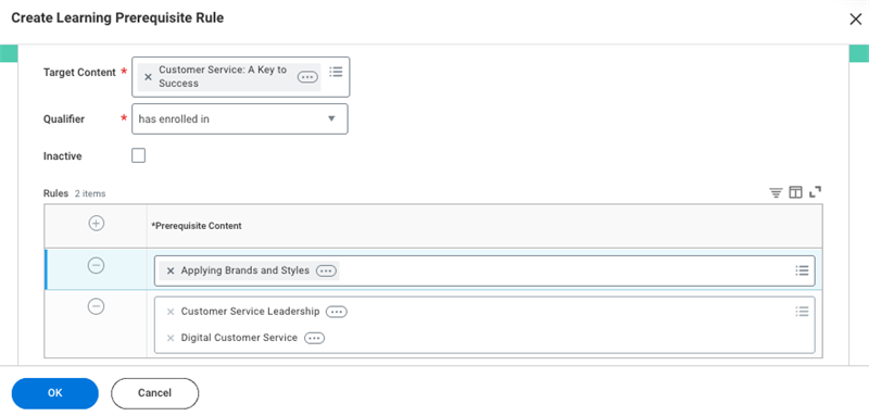 Screenshot of the fields in the Create Learning Prerequisite Rule task.