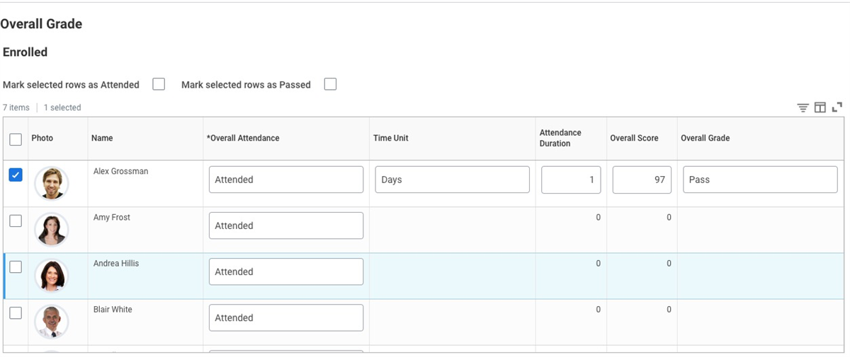 Screenshot of the Manage Grading and Attendance task and the fields to manage course completion, as described in the text below.