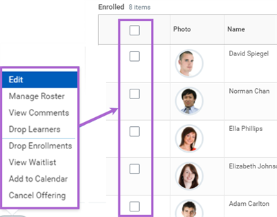 Screenshot highlighting how to drop a learner's enrollment from a learning content page, as described in the text below.