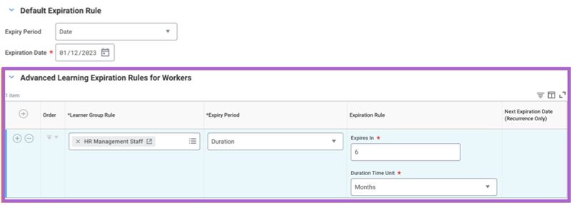 Screenshot of an advanced learning expiration rule configured for customers sales representatives for a duration of 6 months.