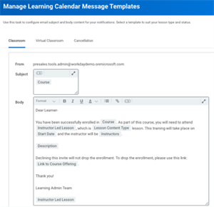 Screenshot of configuring a learning calendar message template, as described in the preceding text.