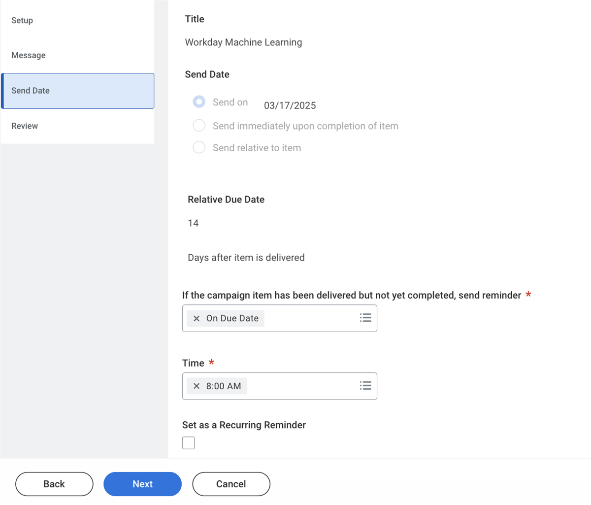 Screenshot of configuring the send date to a campaign reminder, as described in the preceding text.