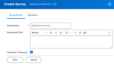 A screenshot of the Create Survey task, highlighting the Survey Details tab and the Limited to 1 Response checkbox.