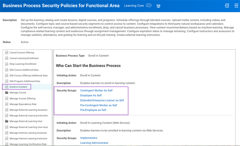 Screenshot of the Business Process Security Policies for Functional Area for Learning Core, highlighting the Enroll in Content security group.