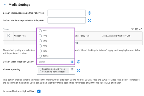 Screenshot of configuring the default video playback quality to auto in the Edit Tenant Setup - System task.