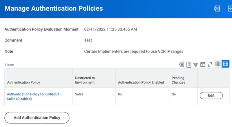 A screenshot of the Manage Authentication Policies task.