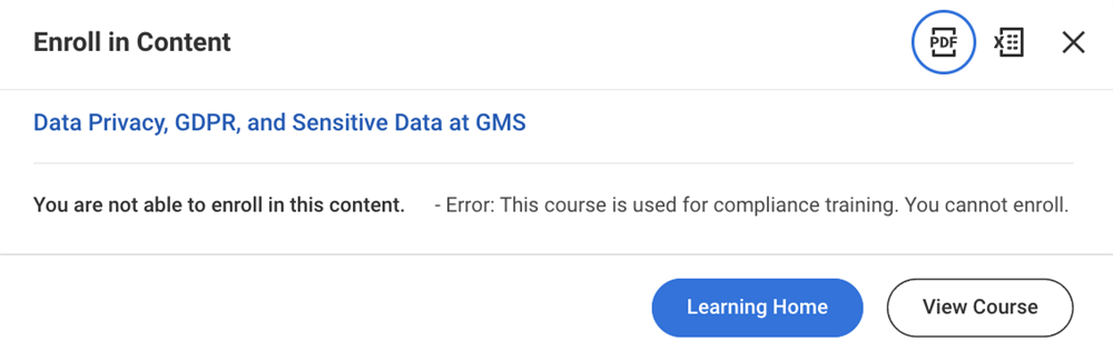 Screenshot of a learning validation indicating that a learner cannot drop a specific learning enrollment.