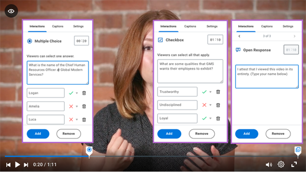 screenshot of the Multiple Choice, Checkbox, and Open Response Interactions in the Edit Media task.