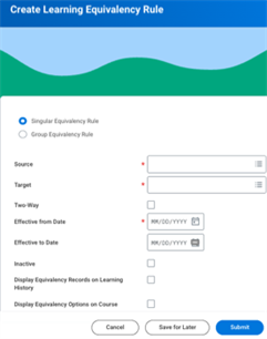 Screenshot the Create Learning Equivalency Rule task fields, as described in the table above.