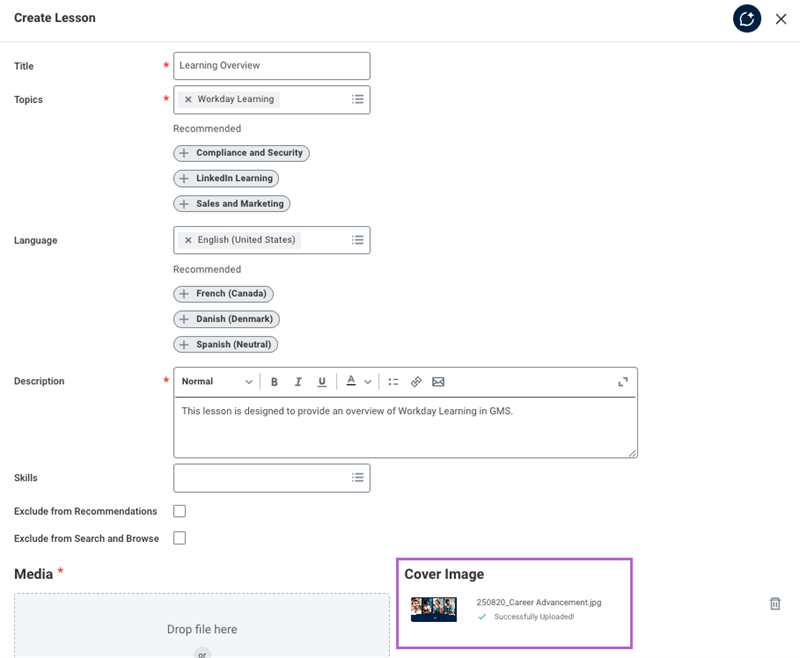 screenshot of the Create Lesson task, highlighting the Cover Image section.