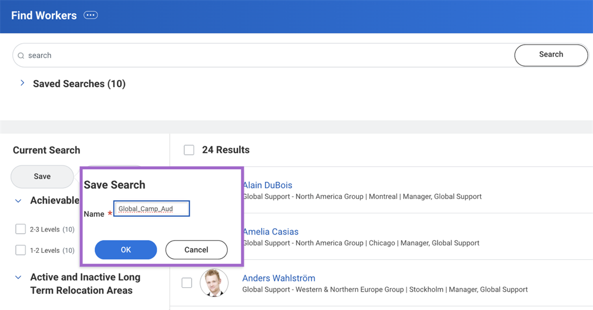 Screenshot of the Find workers report, highlighting the Save Search fields to build a campaign audience.