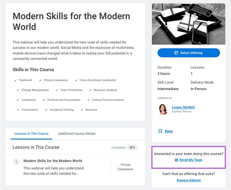 screenshot of the Modern Skills for the Modern World course, highlighting the Enroll My Team link.