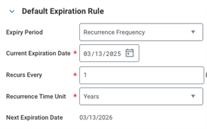 Screenshot of a Recurrence Frequency default expiration rule fields, as described in the table below.