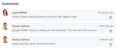 Screenshot of the activity stream displaying comments about learning content. 