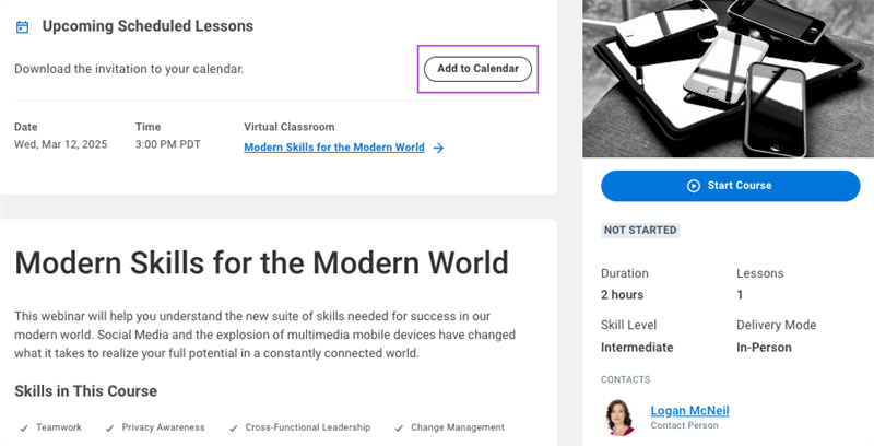 Screenshot highlighting the Add to Calendar button on a course offering page for static calendar events.