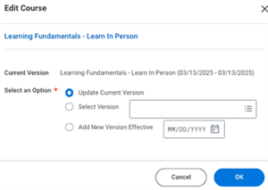 Screenshot of the Edit Course version pop-up. 