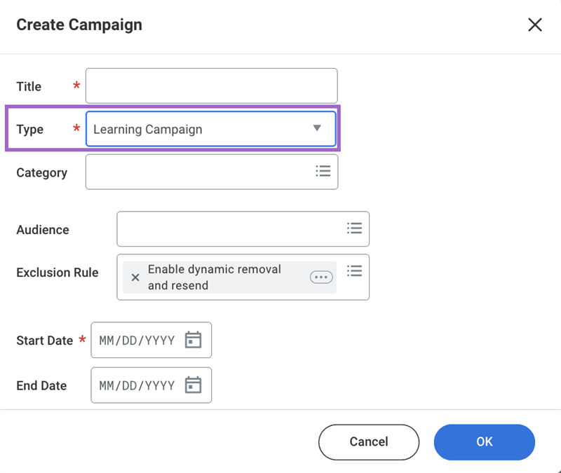 Screenshot of the fields to create a campaign, highlighting the Type field as Learning Campaign.