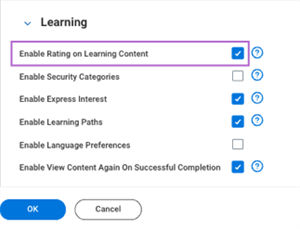 Screenshot of the Enable Rating on Learning Content checkbox in the Edit Tenant Setup - HCM task.