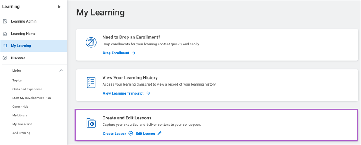 Screenshot of the Create and Edit Lessons spotlight card, as described in the text below.