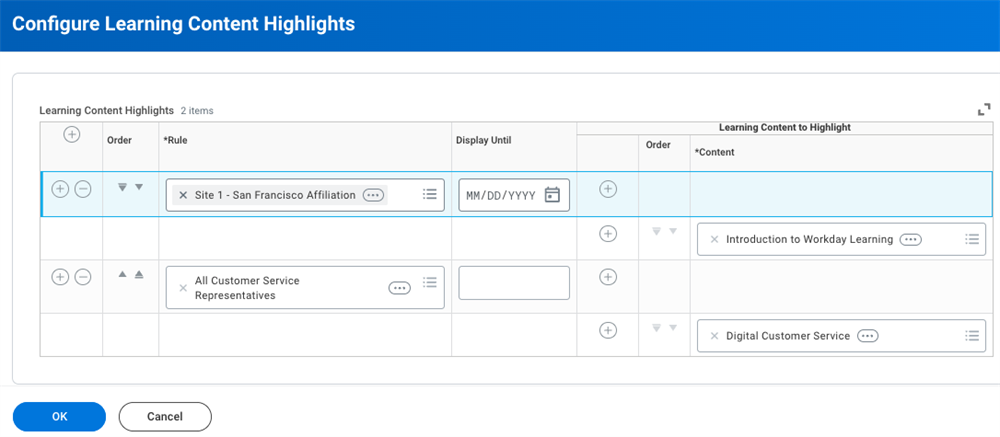 screenshot of the Configure Learning Content Highlights task.