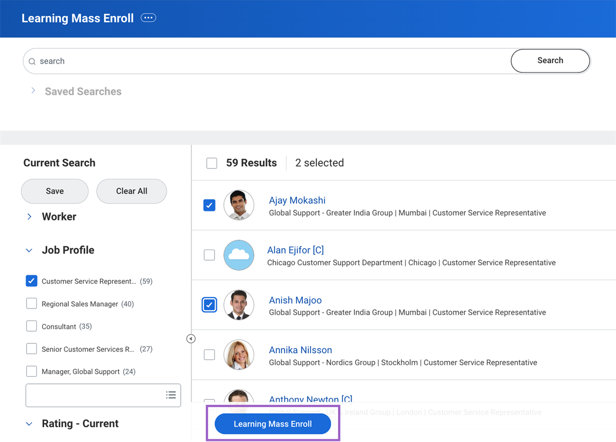 Screenshot of selecting workers on the Learning Mass Enroll report to enroll into learning content.
