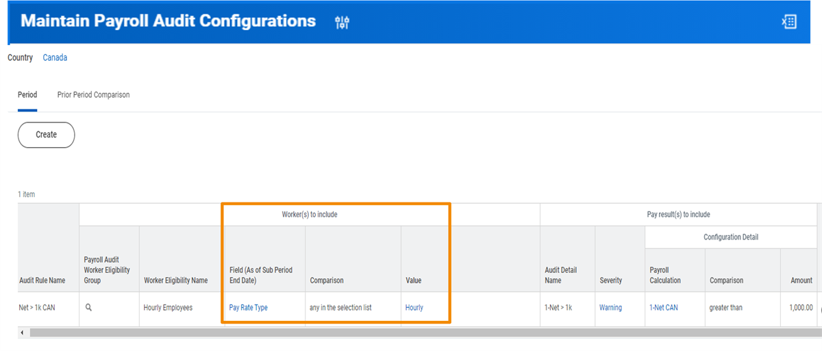 Maintain Payroll Audit Configurations with the Period tab selected and Worker(s) to include section highlighted.