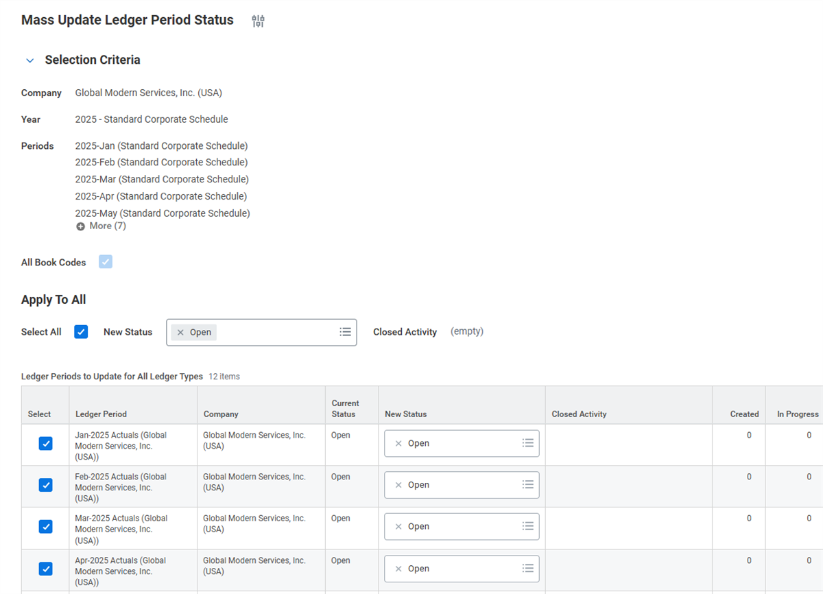 The Mass Update Ledger Period Status task showing selection criteria and which ledger periods to update for all ledger types.
