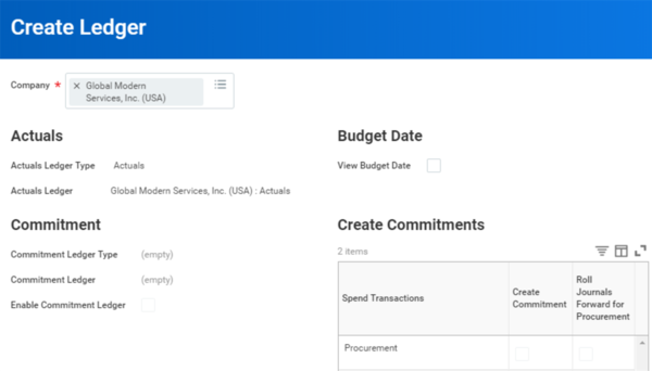 A company assigned to a ledger type in the Create Ledger task.