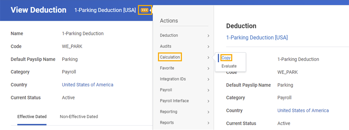 A pay component's Related Actions menu as described in the preceding text.