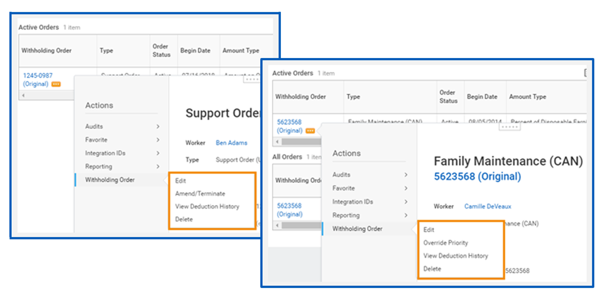 Two Related Actions from Withholding Order highlighting Edit, Amend/Terminate, Override Priority, View Deduction History, and Delete.
