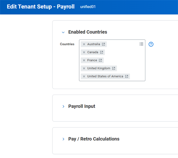 Edit tenant Setup-Payroll with the Enabled Countries populated as Australia, Canada, France, United Kingdom, and United States of America.